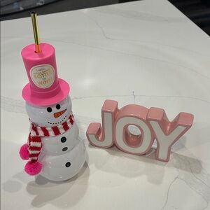 Packed Party Pink and White Snowman Tumbler w Straw & Ceramic Joy Pink & White